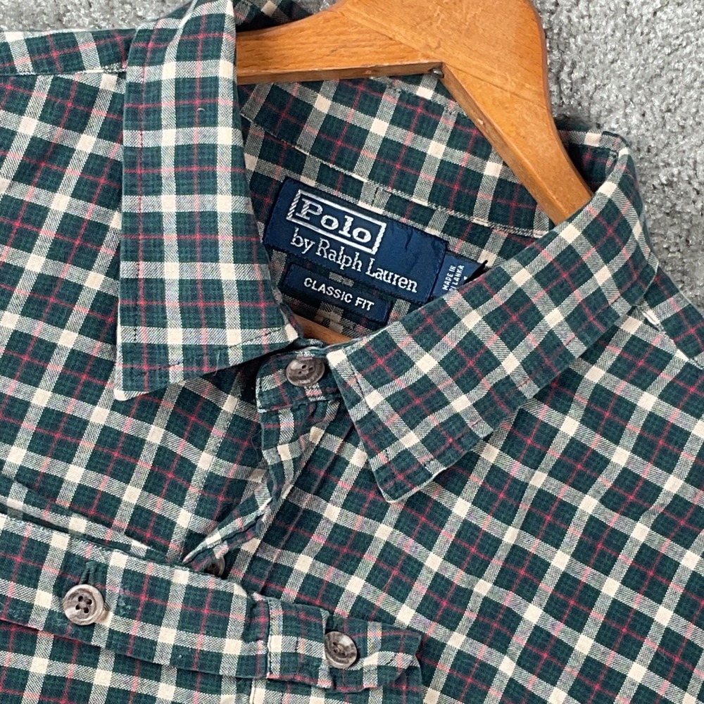 Polo Ralph Lauren Button Down Shirt Mens XL Green Plaid Classic Fit Flap Pocket